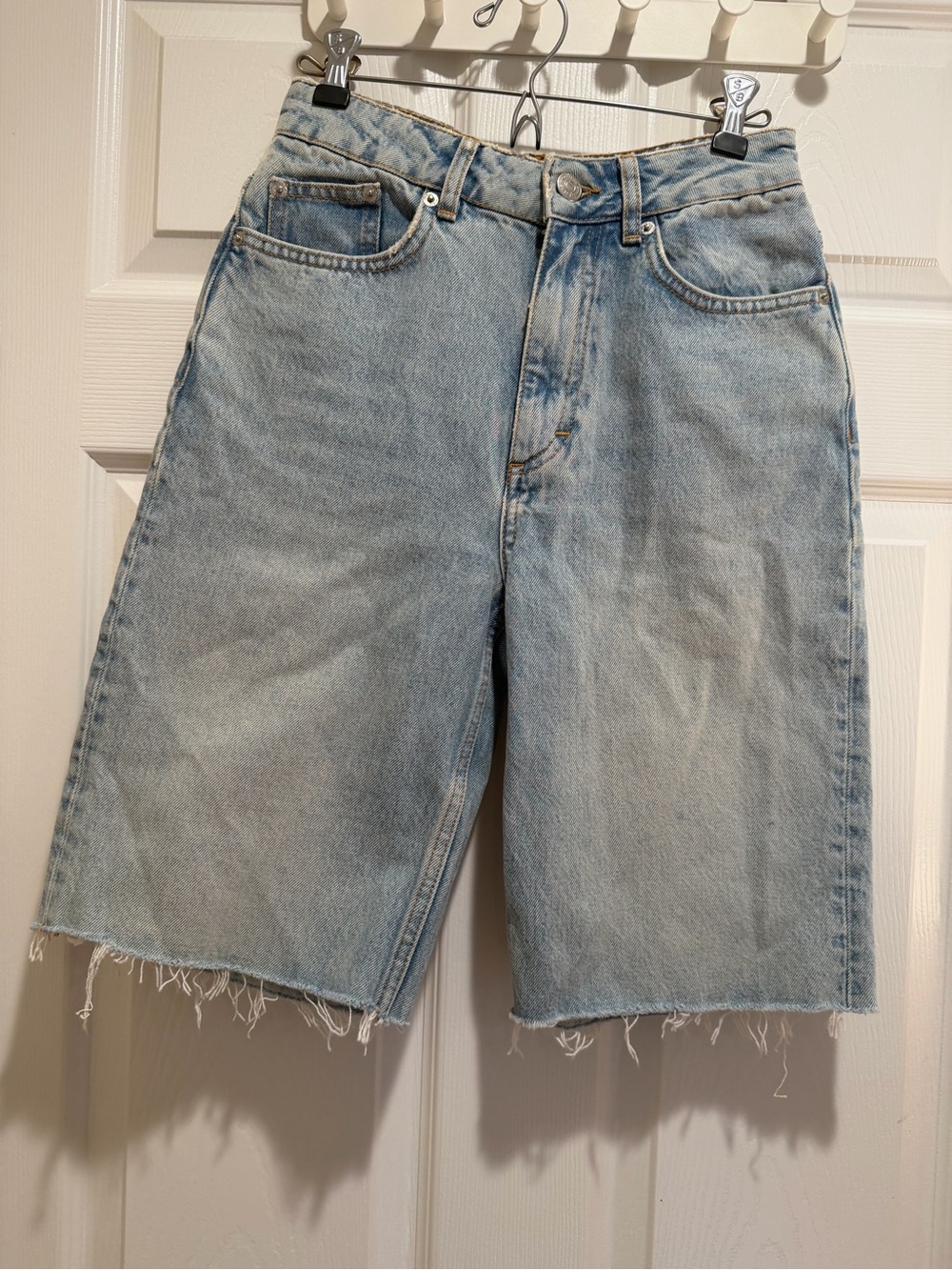 Maje Light Blue Denim Bermuda Shorts with Frayed Hem